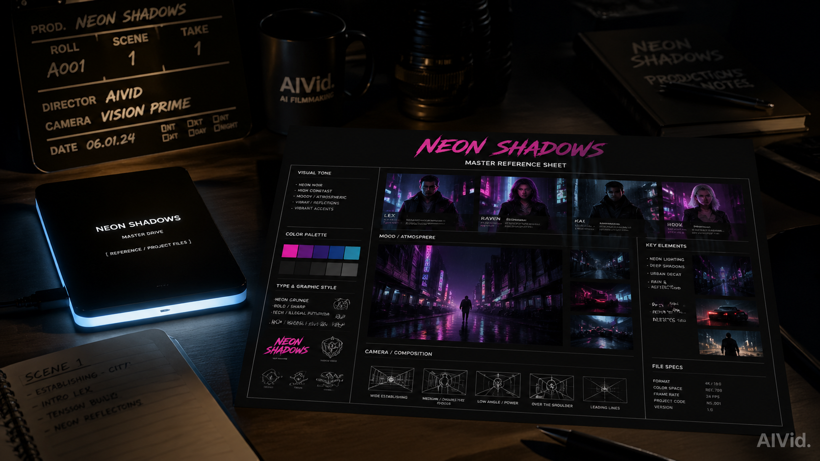 A high-end AI filmmaking production desk centralizing disparate model outputs into a single unified workspace. A 16:9 cinematic shot of a production desk featuring a glowing hard drive and a master reference sheet for 'Neon Shadows'. Chiaroscuro lighting casting dramatic shadows, establishing a highly professional AI filmmaking environment. Subtle 'AIVid.' watermark.