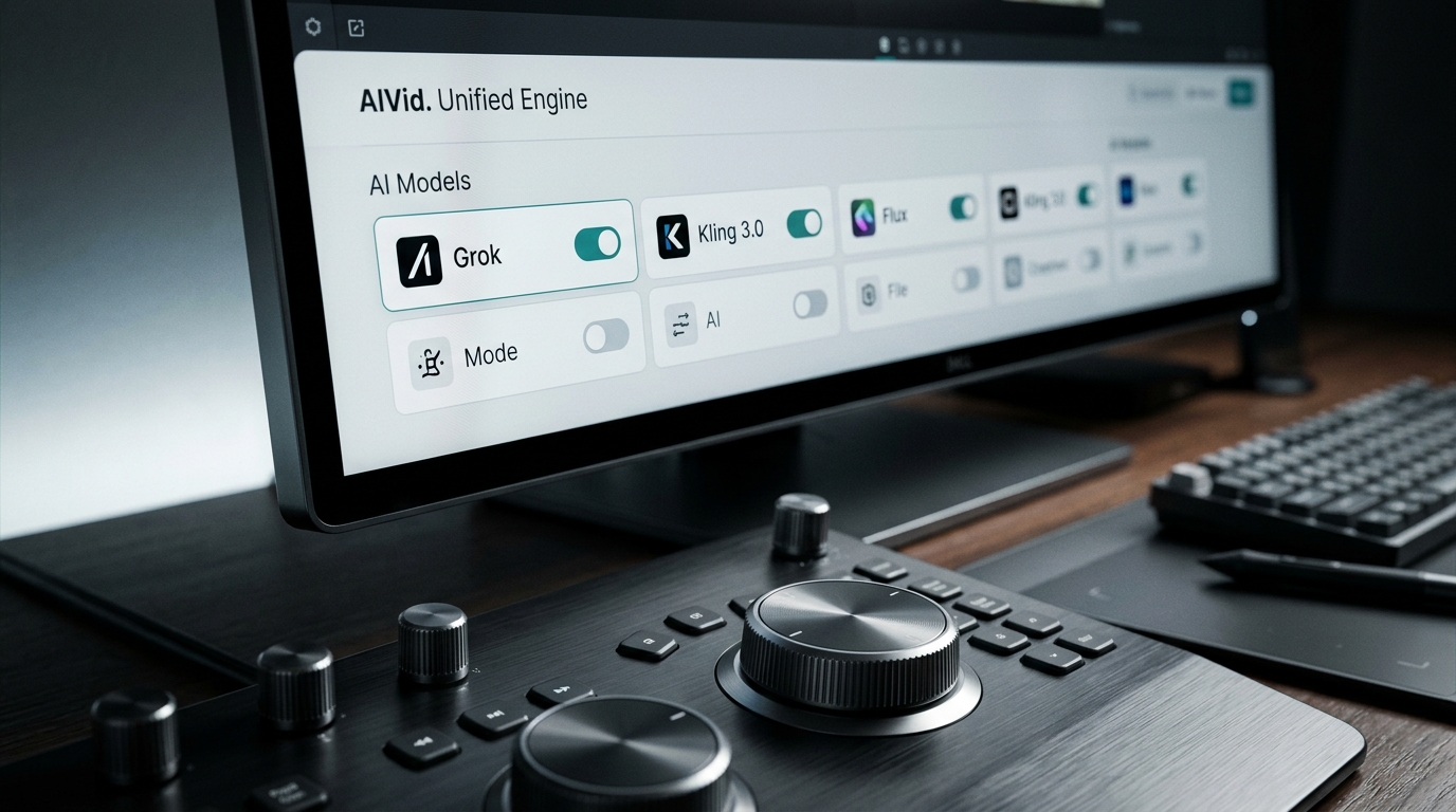 AIVid unified engine dashboard showing seamless switching between Grok, Kling 3.0, and Flux models in a professional edit bay.