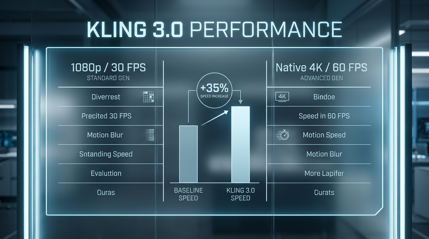 Minimalist data chart comparing Kling 3.0 Native 4K 60FPS specs against legacy 2.6 output.