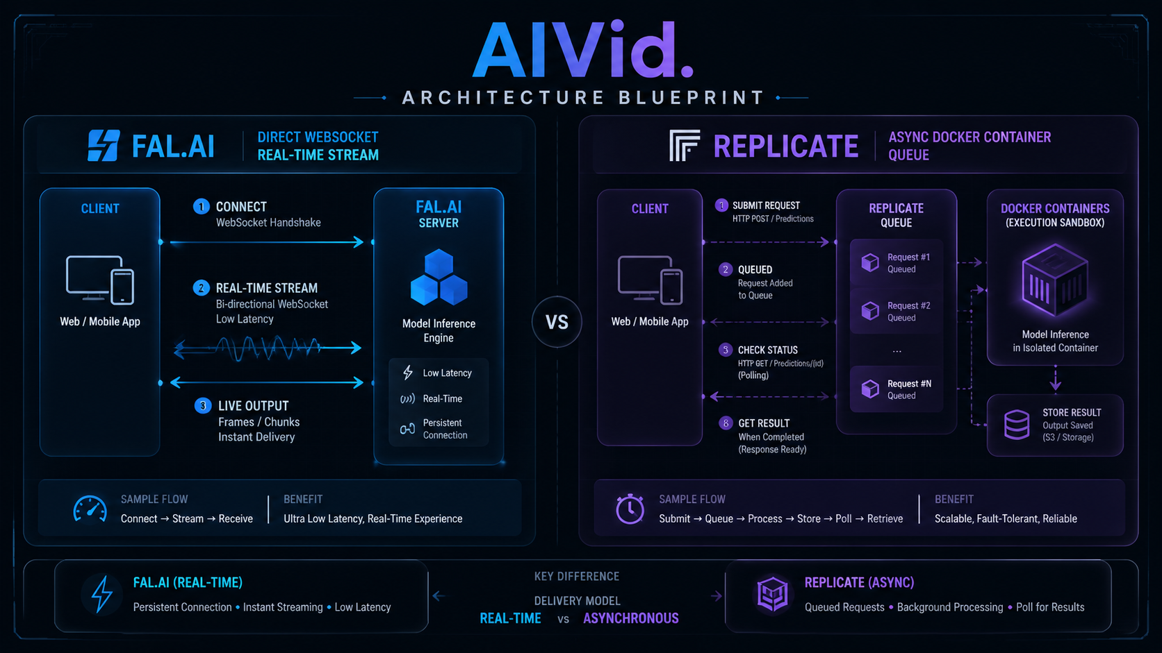 A workflow diagram comparing Fal.ai WebSocket architecture and Replicate Docker containers for cloud AI endpoints. Sleek technical workflow diagram comparing Fal.ai's direct WebSocket real-time stream to Replicate's asynchronous Docker container queue. Industrial design, crisp vector lines, glassmorphism UI elements, dark mode. Integrated typography "AIVid. Architecture Blueprint". 16:9.