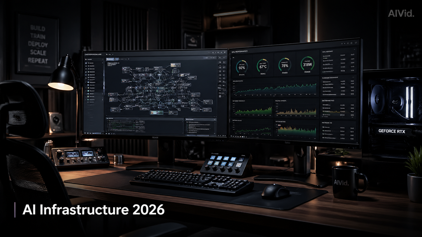 A dark, moody editorial photograph of a professional creative studio running open-source AI models and stable diffusion models on dual monitors. [Editorial / Documentary] 16:9 wide-frame. Chiaroscuro photography of a high-end creator workspace in 2026, featuring dual monitors displaying complex node-based orchestration layers and GPU performance metrics, subtle AIVid. watermark in the corner. Typography Label: "AI Infrastructure 2026"