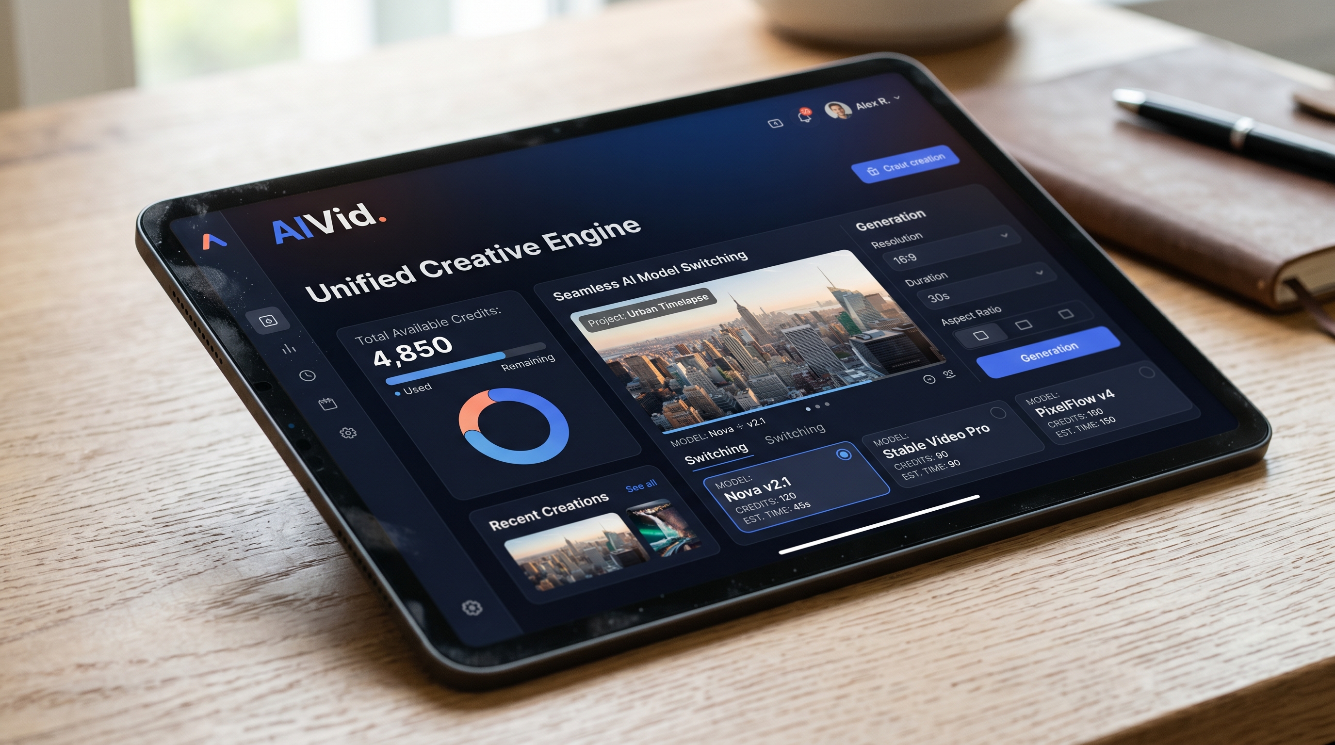 Macro photography of a tablet interface showing the AIVid unified credit pool and AI video generation dashboard