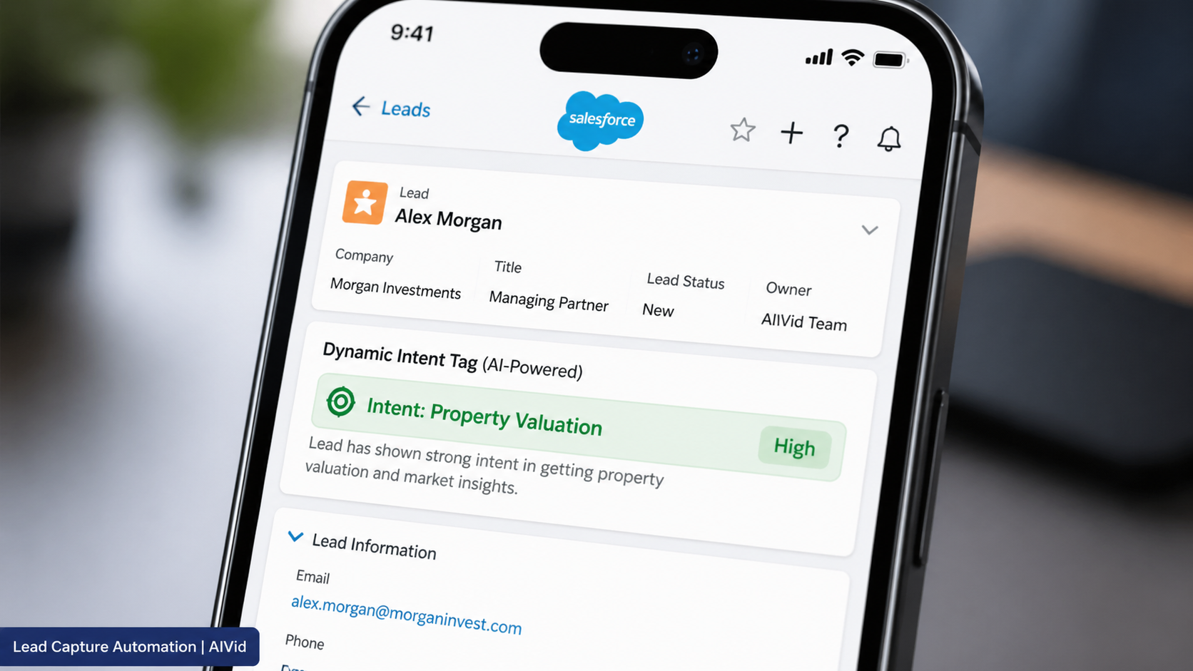 A close-up of a mobile CRM application showing dynamically captured lead contact data and property equity validation alerts. AIVid. brand watermark. Macro shot of a smartphone screen displaying a dynamic intent-based lead tag in Salesforce, with crisp text, slight depth-of-field blur on the edges, realistic screen glow.