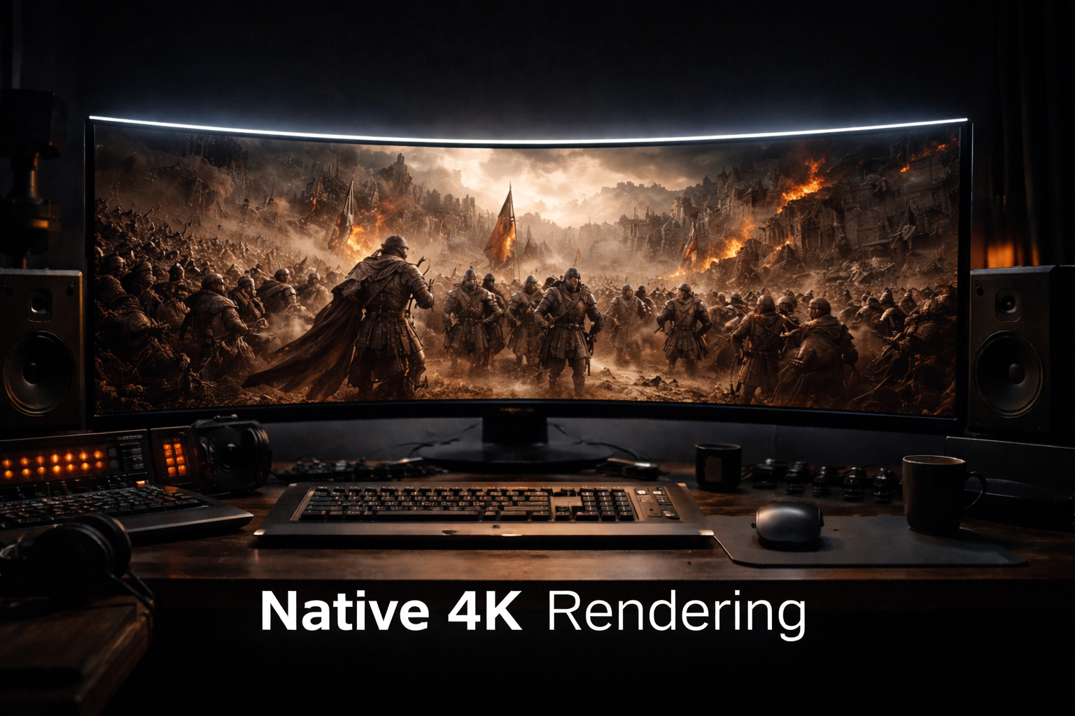 Ultra-wide monitor displaying 4K cinematic rendering for a faceless youtube ai factory. [Editorial / Documentary] Moody, cinematic editorial photography of an ultra-wide curved monitor rendering a hyper-realistic 4K historical scene in a dark editing suite. Rim lighting on the monitor edges. Typography Label: "Native 4K Rendering"