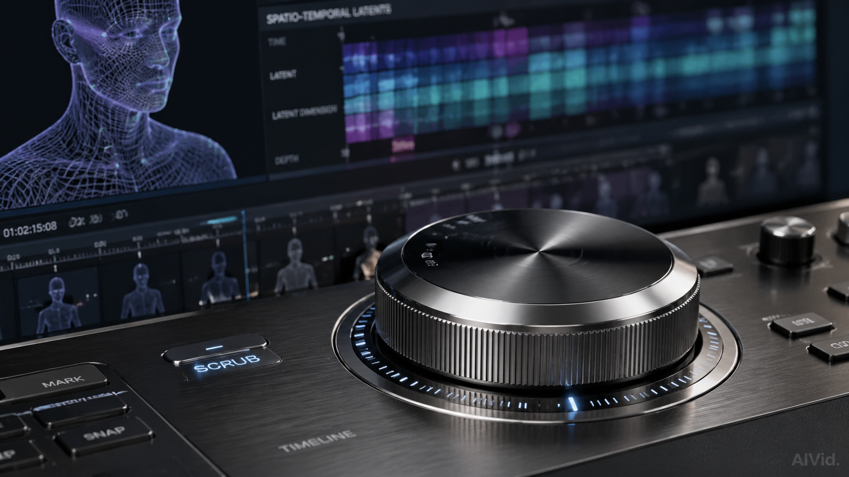 A professional mechanical timeline wheel used by video editors manipulating spatio-temporal attention in 2026 AI models. A 16:9 macro shot of a high-end mechanical timeline scrubbing wheel. In the out-of-focus background, a monitor displays native spatio-temporal latents tracking a 3D character mesh. Heavy textures of brushed aluminum and glass. Subtle 'AIVid.' watermark.