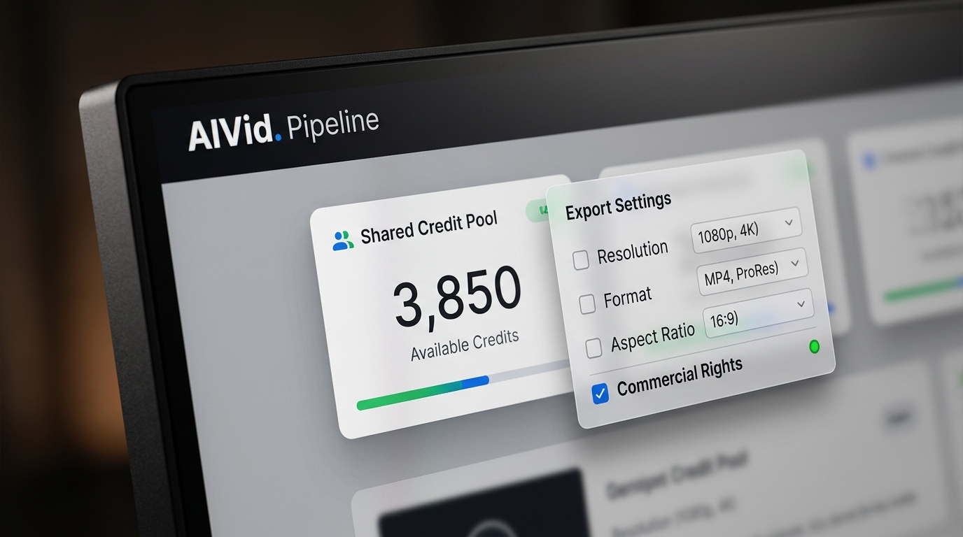 Close up macro shot of the AIVid unified dashboard showing shared credit system and commercial export settings.