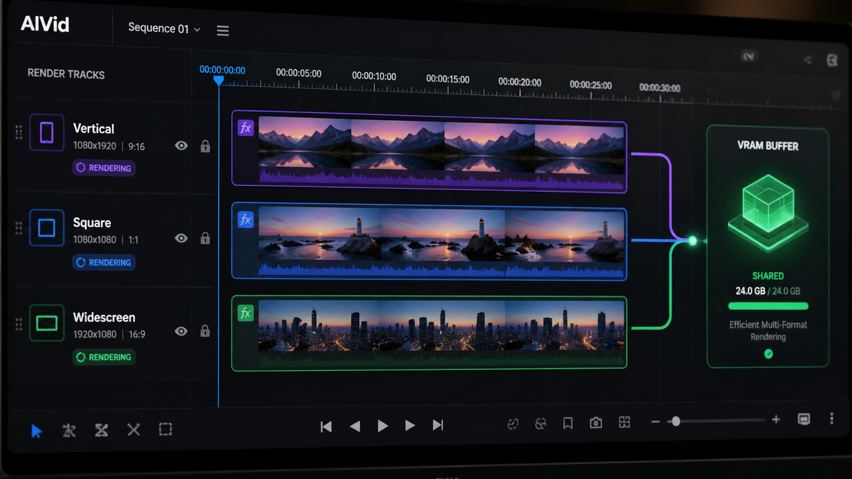 UI technical shot of parallel aspect ratio rendering timeline for automated AI video ads and generative media. [UI/UX Technical Shot] Close-up of a professional video editing timeline showing three parallel rendering tracks (Vertical, Square, Widescreen) sharing a VRAM buffer block. Deep contrast, professional workspace lighting. Typography Label: AIVid.