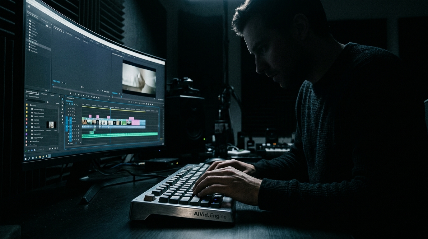 Professional video editor using the AIVid unified creative engine in a dimly lit production studio.