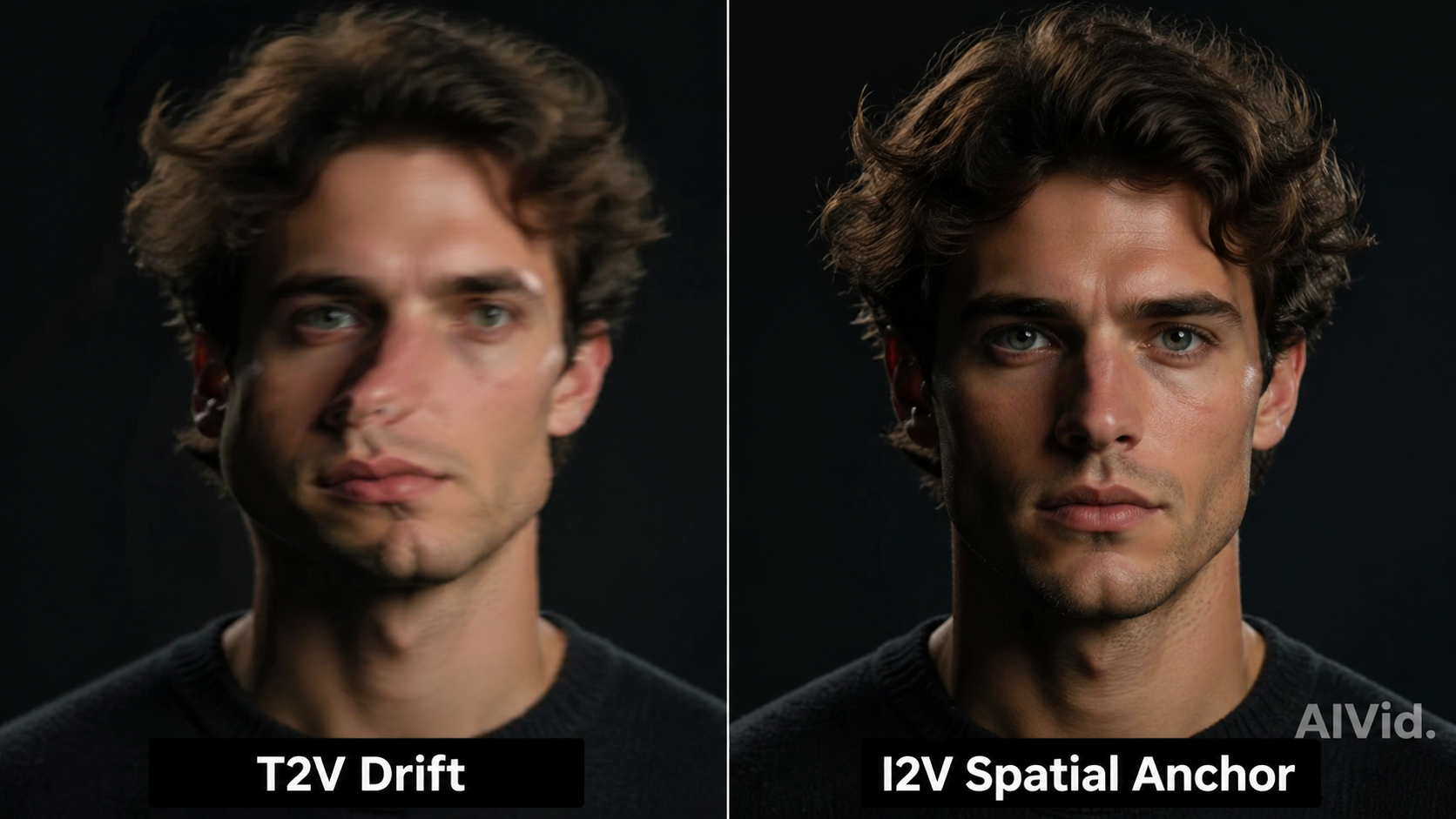 Side-by-side comparison of text-to-video identity drift versus perfectly stable image-to-video AI spatial anchoring. [Before/After Split] A hyper-realistic side-by-side comparison. Left side shows a warped, distorted human face labeled "T2V Drift". Right side shows a hyper-detailed, perfectly locked cinematic portrait labeled "I2V Spatial Anchor". Moody studio lighting, highly technical aesthetic. AIVid. watermark in the bottom right corner.
