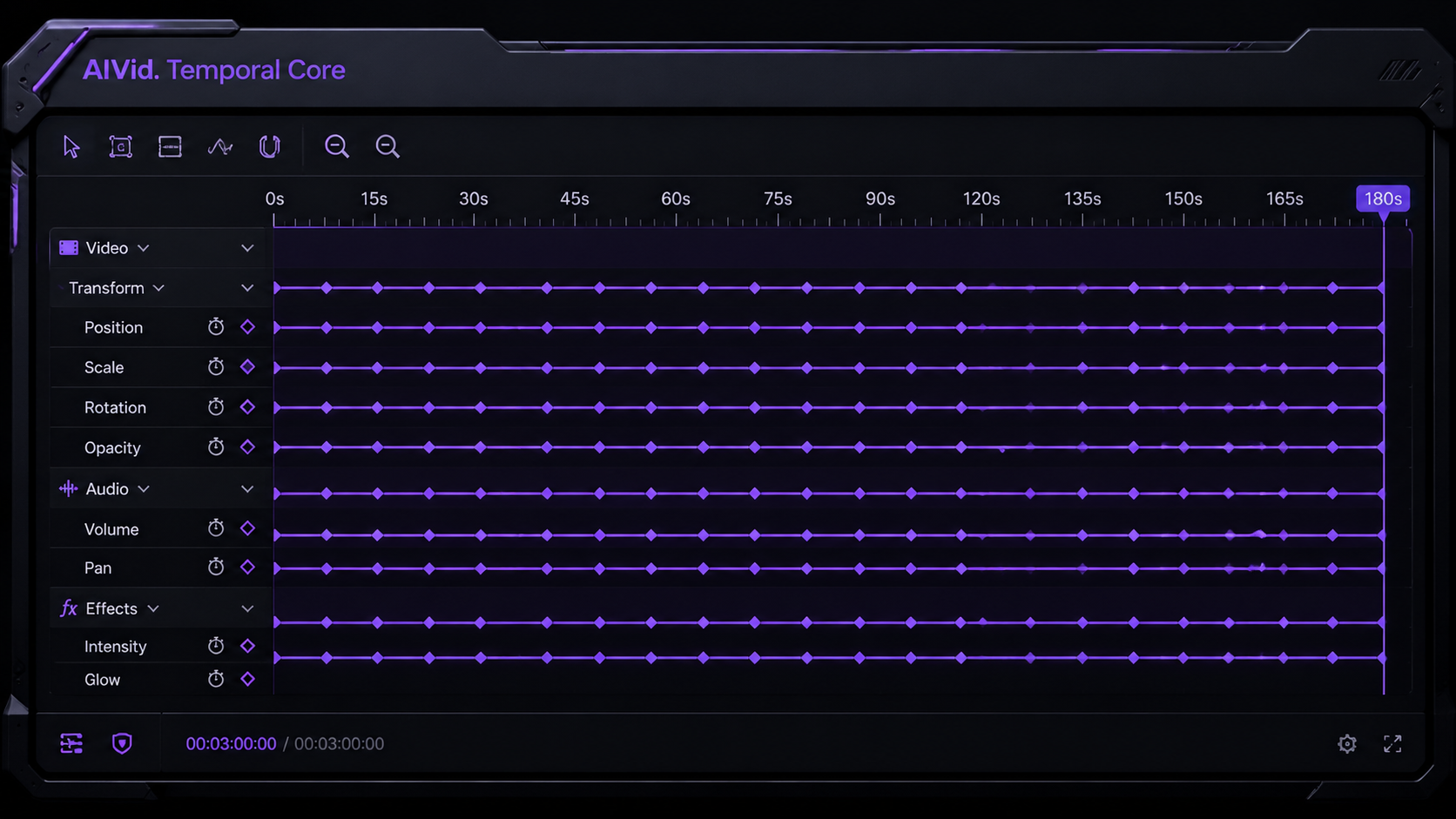 Video editing interface showcasing a native 180-second AI video generation timeline without frame drift using Kling 3.0. [UI/UX Technical Shot] Close-up of a video editing timeline UI expanding to exactly 180 seconds. The timeline features continuous, unbroken keyframe tracks showing perfect temporal consistency. Dark interface with neon purple accents. 'AIVid. Temporal Core' stamped on the UI frame.