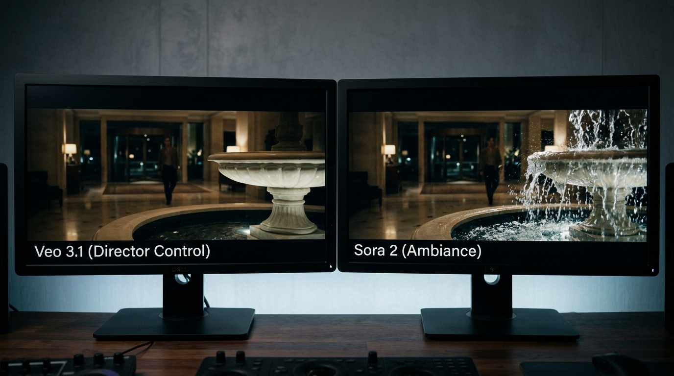 Split screen comparison showing Veo 3.1 director control capabilities versus Sora 2 ambient physics.