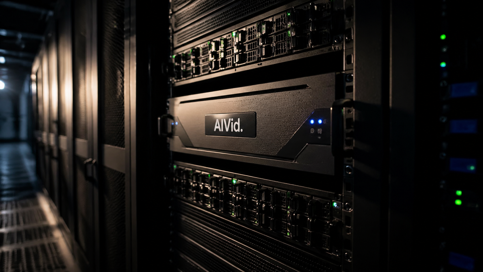 Editorial photography of an enterprise server room processing heavy batch renders for AI video pipelines and 4K upscaling. Cinematic documentary photograph of a high-performance server rack in a modern production facility, dramatic chiaroscuro lighting casting long shadows across textured metal server chassis and blinking status lights, AIVid. brand label on the central rack unit.