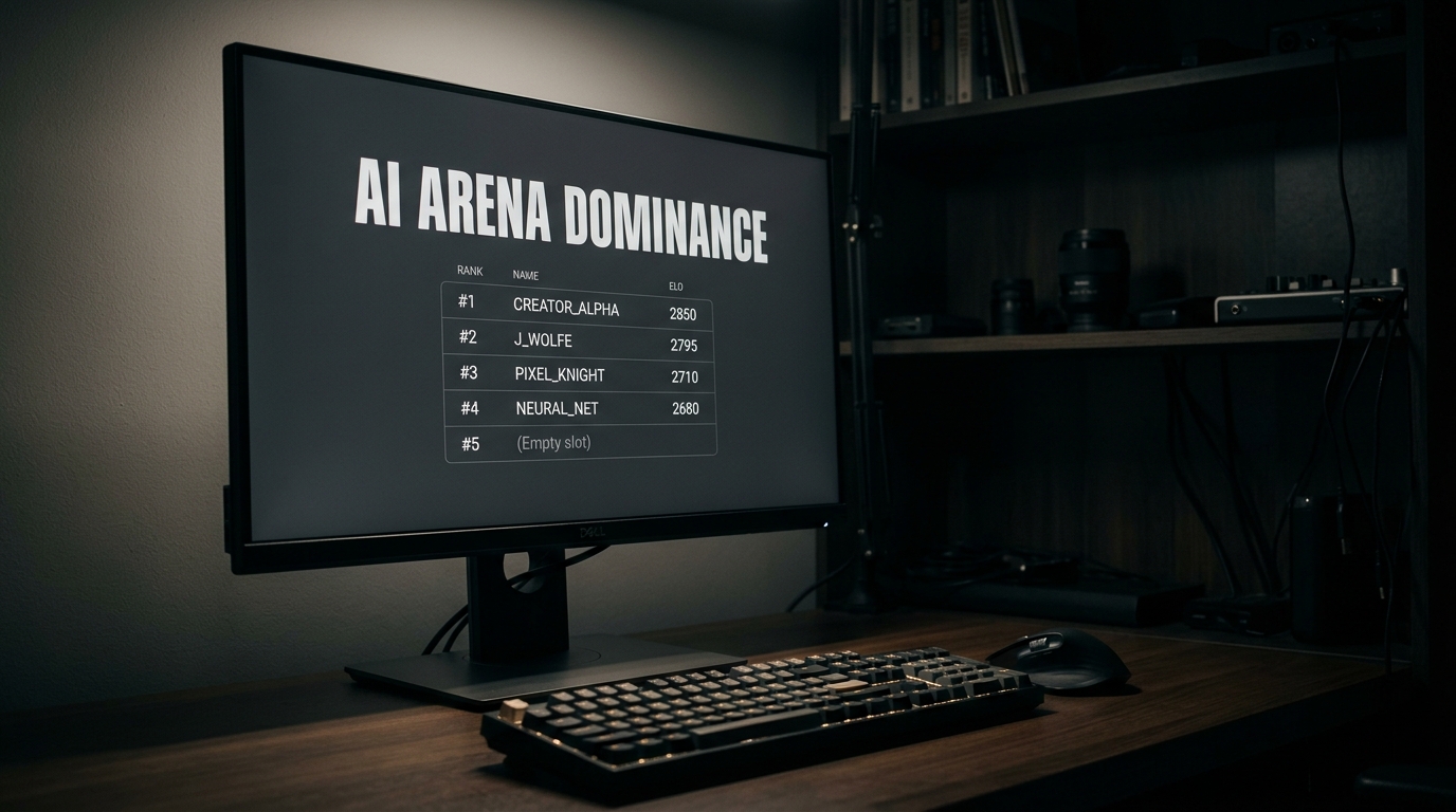 A professional creator workspace displaying the AI Arena ELO leaderboard on a sleek monitor.