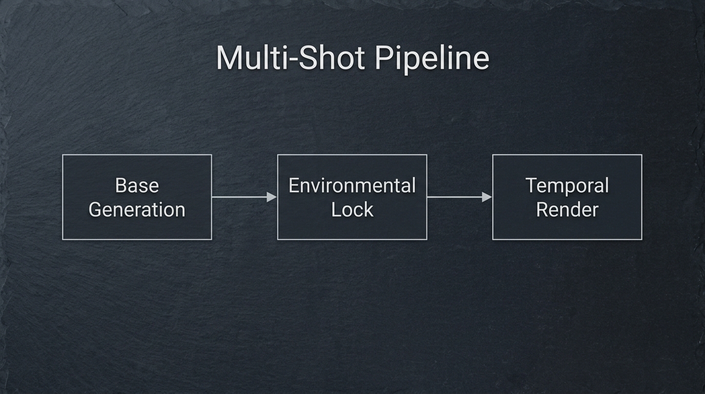 Technical logic map showing the steps for a multi-shot AI video pipeline on a dark slate texture.