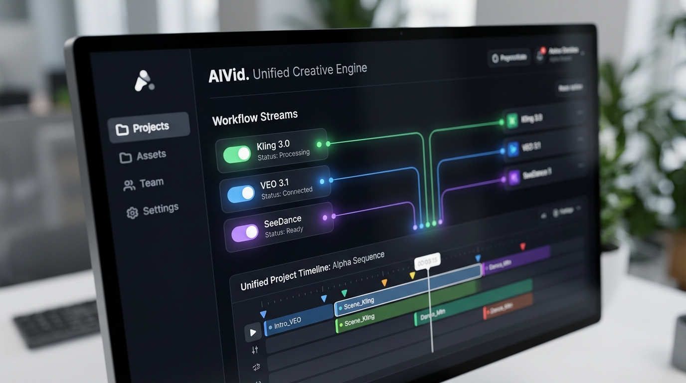 The AIVid SaaS dashboard showing centralized access to Kling 3.0, Google VEO 3.1, and SeeDance under one subscription.