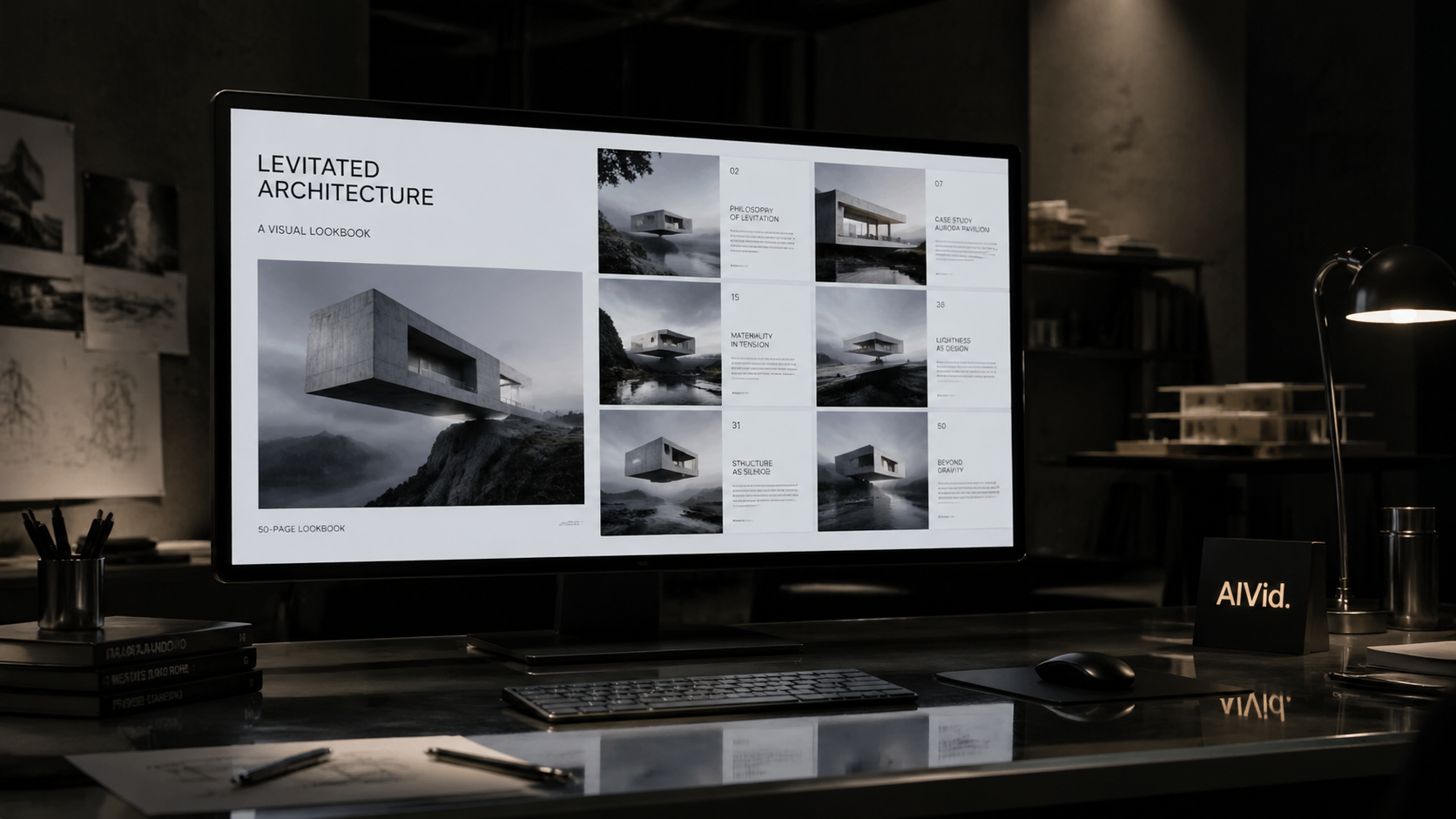 High-end editorial photography of a creator using an AI picture maker to generate a consistent architectural lookbook through seed-interpolation. A moody, dimly lit architectural design studio. A sleek 4K monitor displays a flawless, consistent 50-page architectural lookbook featuring levitating minimalist concrete structures. Cinematic depth of field, chiaroscuro lighting, heavy shadow contrast, glass and brushed steel textures on the desk.