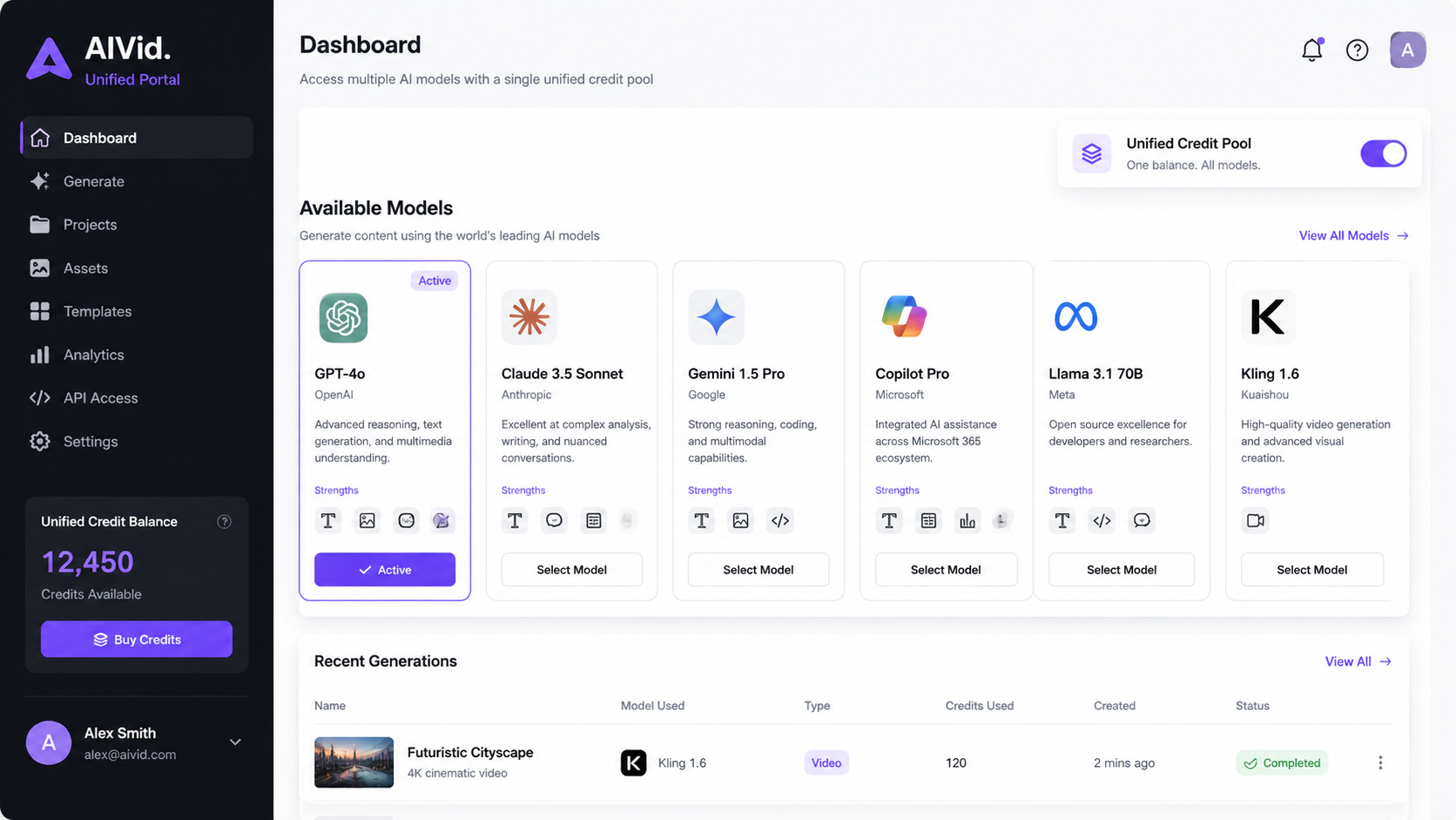 A macro view of a unified cloud dashboard showing seamless access to industry-leading AI models without varying ai api costs. Macro view of a unified cloud AI dashboard interface showing instant access to multiple generation models with a single unified credit pool toggle. Sleek, professional SaaS UI, clean white and dark gray contrast with subtle purple accents. "AIVid. Unified Portal" text. 16:9.