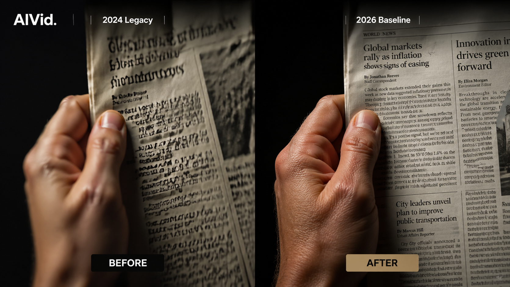 Before and after split screen comparing a 2024 legacy AI model output with a 2026 professional baseline AI image generator, highlighting text to image accuracy. A 1:1 split screen macro shot. Left side shows a blurred, anatomically incorrect hand with melted text on a newspaper. Right side shows a hyper-realistic, native 4K human hand holding a newspaper with perfectly legible 8pt font. High-end editorial photography style, dramatic studio lighting, deep contrast.