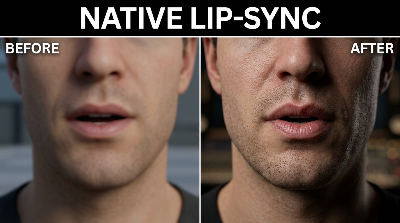 Before and after split comparing legacy AI dubbing artifacts to hyper-realistic Kling multilingual lip-sync.