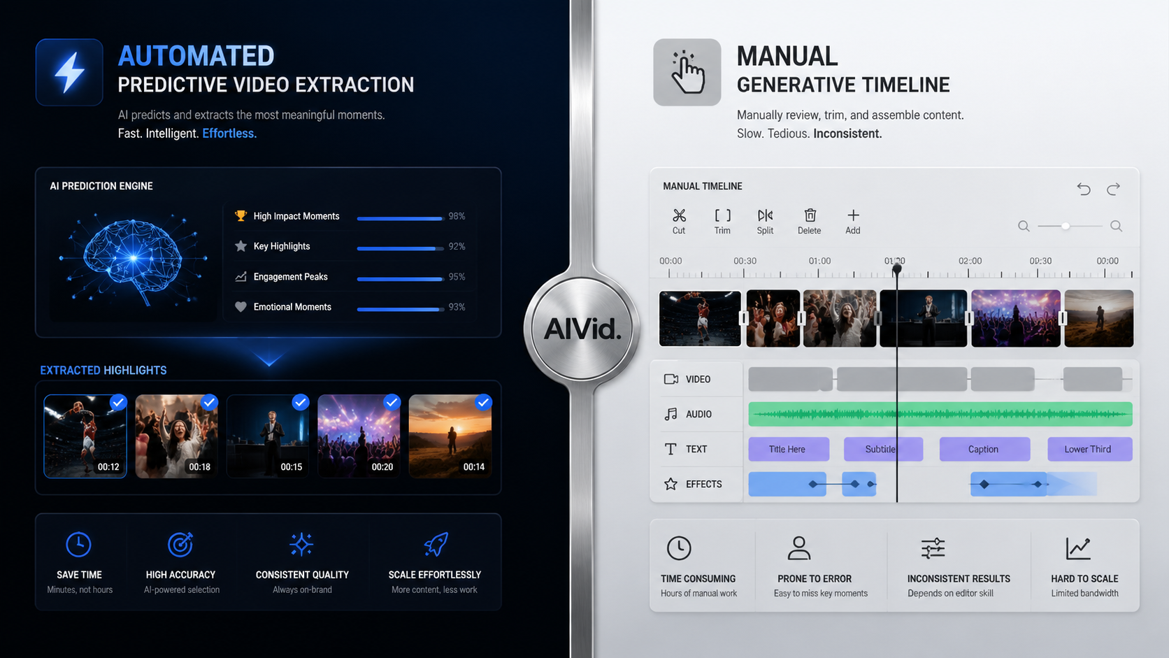 Before and after split showing volume-based predictive extraction versus surgical timeline control in top AI video generators for YouTube Shorts. Split-screen visual design comparing automated predictive video extraction on the left with a manual generative timeline on the right, high contrast, clean minimalist UI components, subtle drop shadows, brushed metal textures, AIVid. watermark integrated into the divider line.