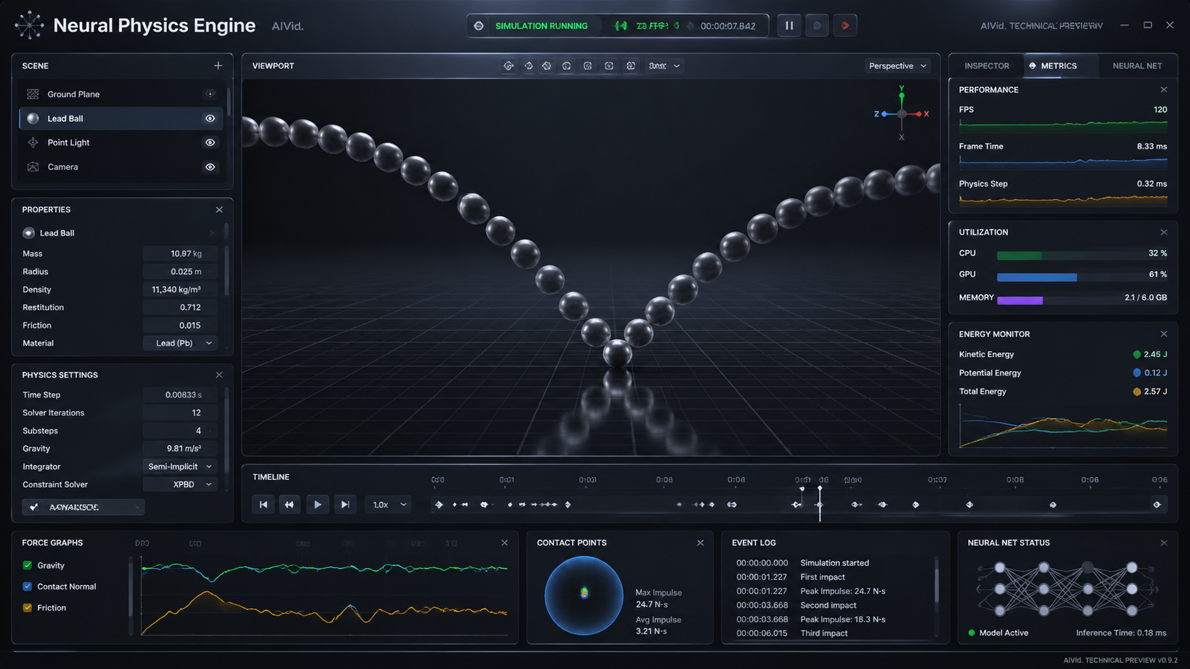 Macro view of a neural physics engine interface simulating gravity for a sora 2 review. Prompt: [UI/UX Technical Shot] A 16:9 macro shot of a high-end neural physics engine software interface running a 120fps simulation of a bouncing lead ball. Sleek dark mode UI with glassmorphism and metallic textures. Typography Label: 'Neural Physics Engine' with subtle AIVid. technical watermark.