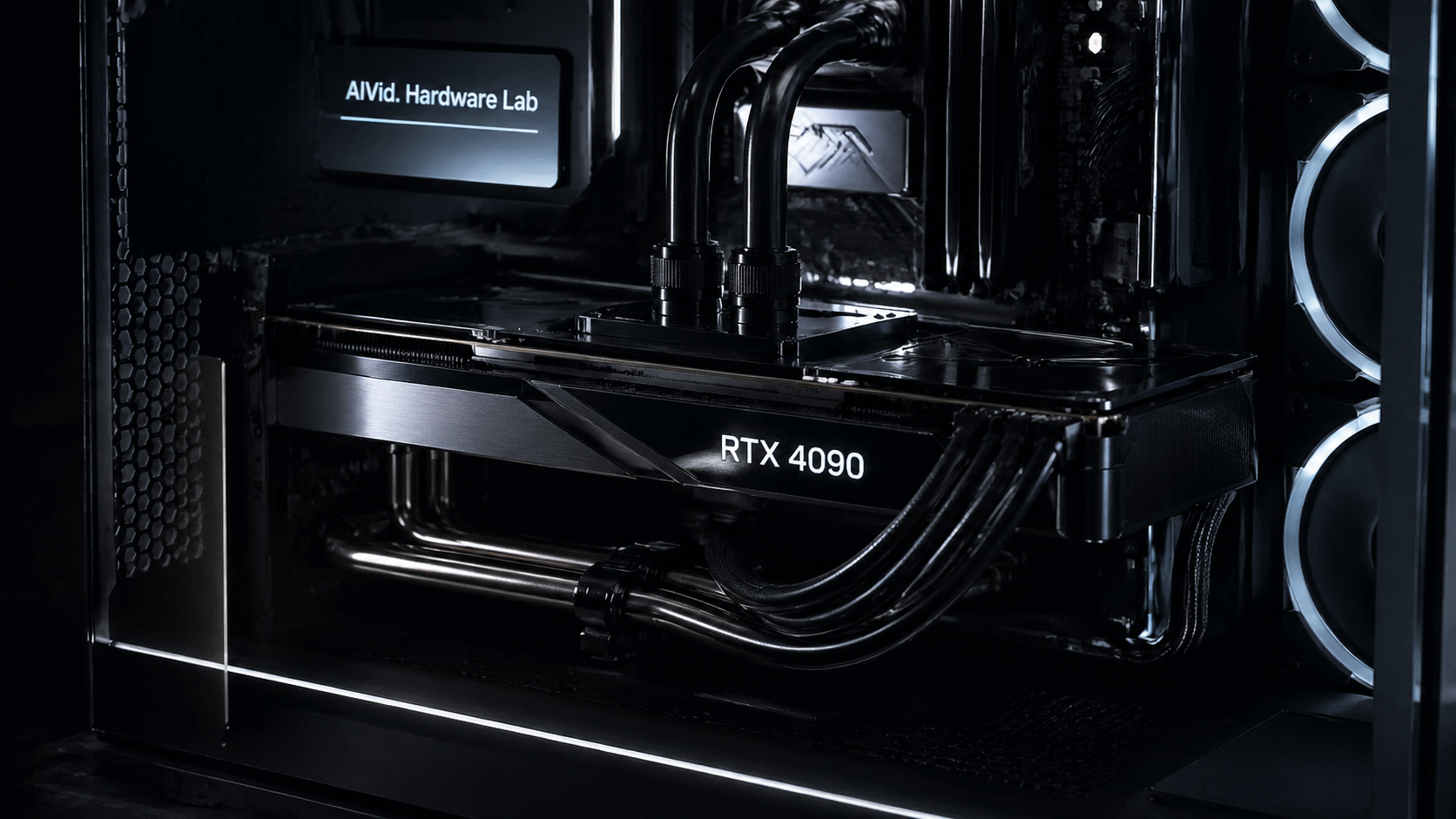 A high-end liquid-cooled RTX 4090 workstation inside a glass case, showcasing local ai image generation hardware. High-end, moody Chiaroscuro photography of a massive liquid-cooled RTX 4090 GPU inside a sleek glass workstation case, illuminated by subtle white LEDs, emphasizing the brushed metal textures and thick heat pipes. Integrated typography label reading "AIVid. Hardware Lab". 16:9 wide-frame format.