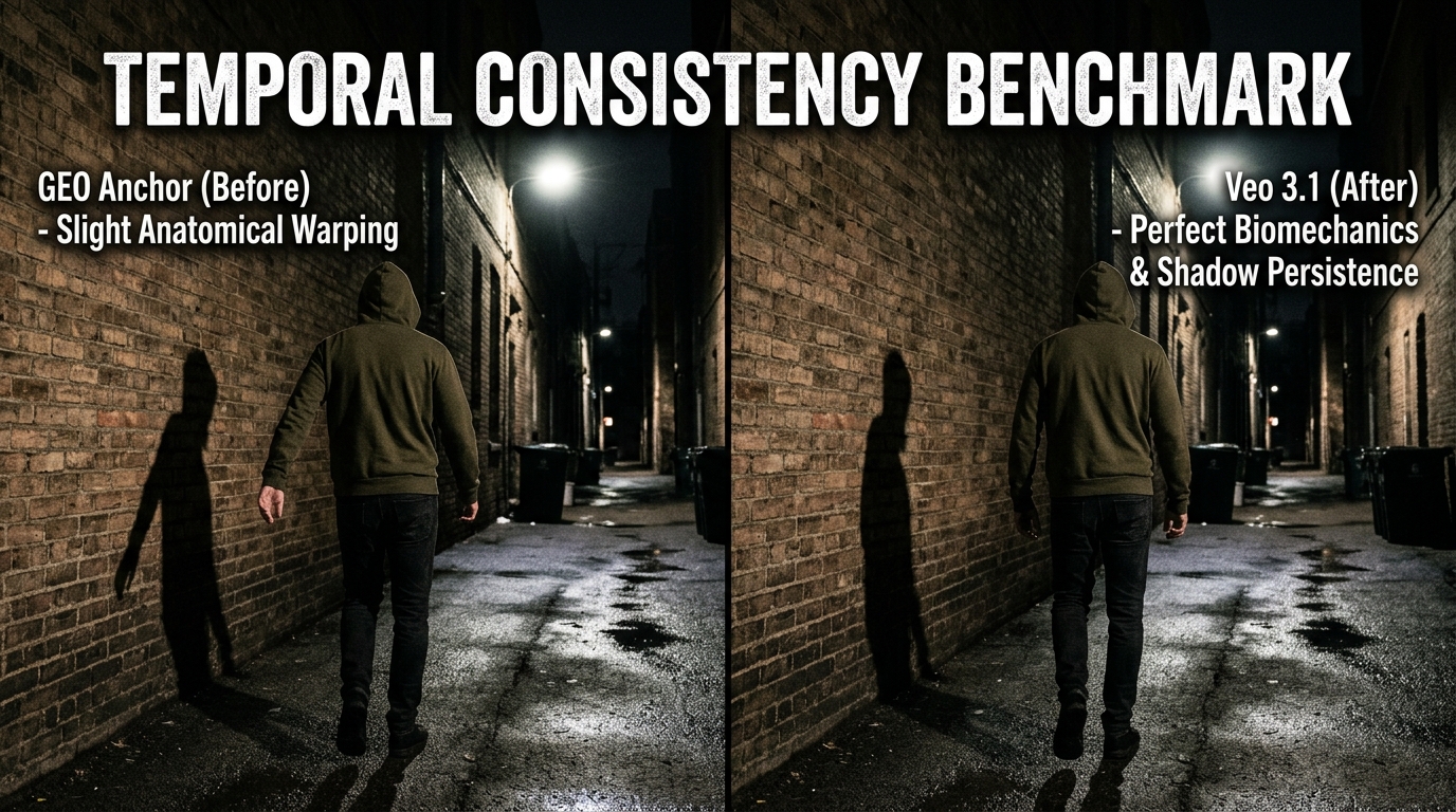 Split-screen comparison showing Veo 3.1 maintaining perfect temporal consistency compared to slight warping in legacy models.