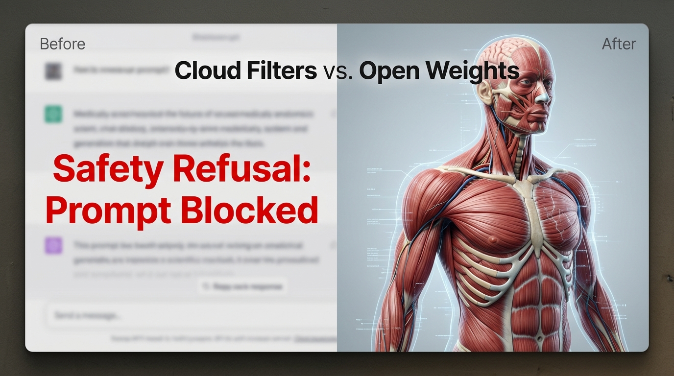 Before and after comparison showing a false-positive AI safety refusal versus an creative render on an open model.