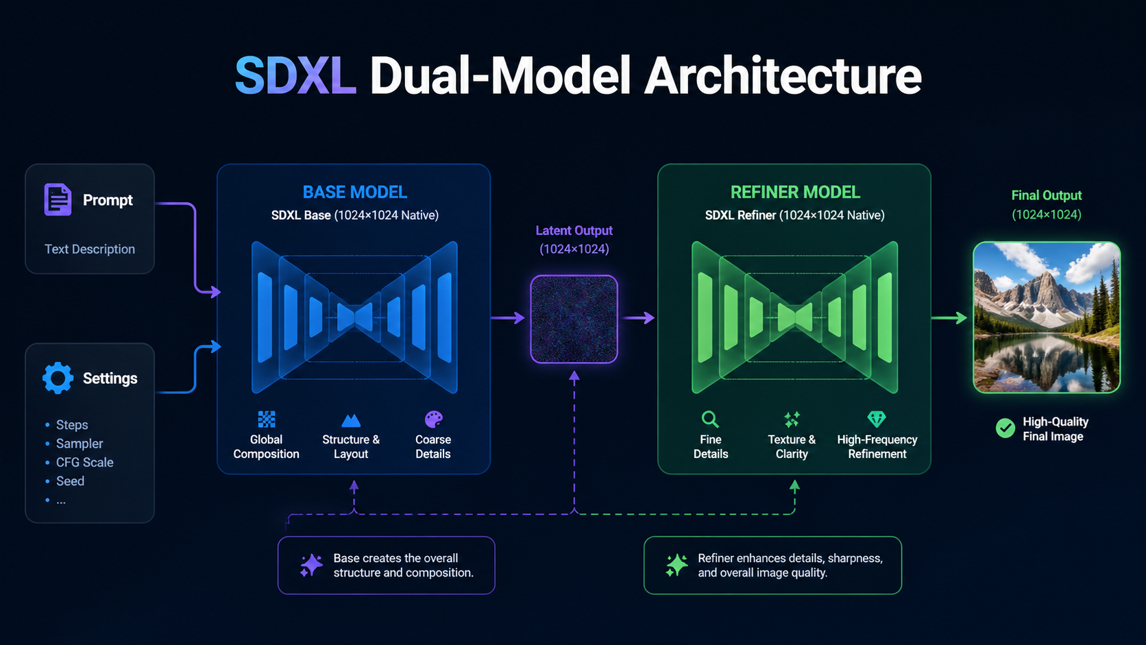A technical workflow diagram explaining what is SDXL by mapping its dual-model base and refiner pipeline for 1024x1024 resolution generation. [Workflow Diagram] 16:9 wide-frame. Clean, modern workflow diagram mapping the 1024x1024 native resolution pipeline, showing the Base model routing into the Refiner model with sleek architectural arrows. Typography Label: "SDXL Dual-Model Architecture"