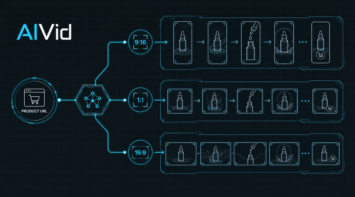 Workflow diagram of AI URL-to-video pipeline demonstrating multi-aspect ratio rendering for Meta and TikTok video ads. [Workflow Diagram] Clean, minimalist technical schematic showing a product URL node splitting into multi-aspect ratio rendering sequences (9:16, 1:1, 16:9). Rendered in a high-contrast corporate blueprint style with dark grey background and sharp, glowing lines. Typography Label: AIVid.