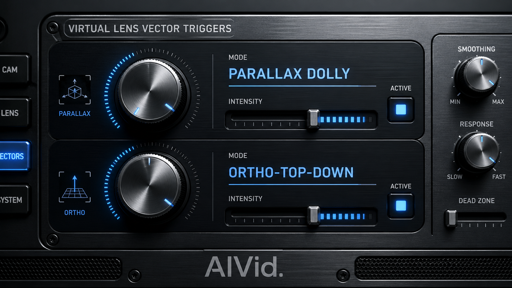 Virtual lens vector triggers interface showing Dolly and Parallax control options in AI text to video tools. Prompt: [UI/UX Technical Shot] Macro view of a digital camera controller interface, focusing on 'Virtual Lens Vector Triggers'. Dials and sliders set to 'Parallax Dolly' and 'Ortho-Top-Down', featuring brushed aluminum textures and glowing LED indicators. Integrated typography watermark: 'AIVid.'.