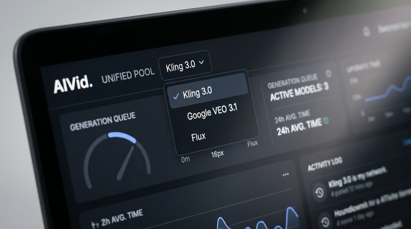 Macro UI shot of the AIVid platform dashboard showing instant access to Kling 3.0, Google VEO 3.1, and Flux from a single unified credit pool.