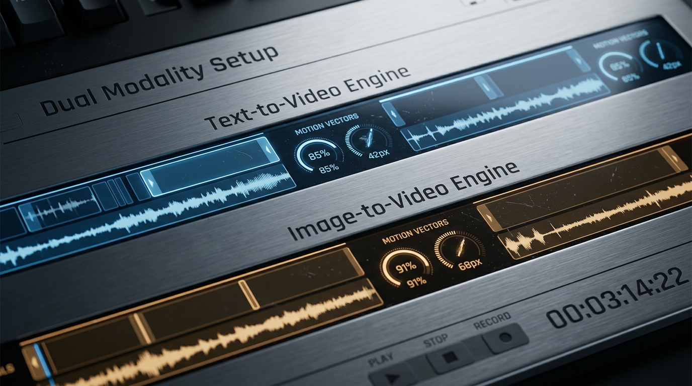 High-end UI interface demonstrating integrated Text-to-Video and Image-to-Video asset control workflows.