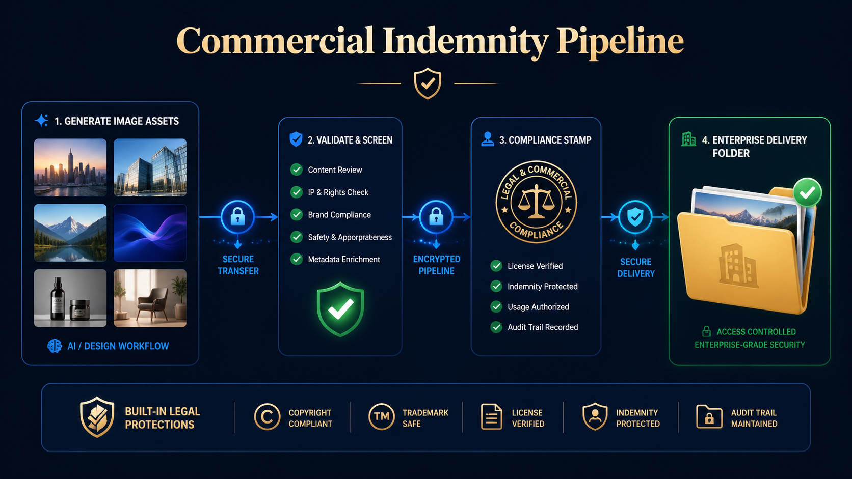 A workflow diagram illustrating how AI generated assets pass through a commercial rights pipeline for secure studio delivery. [Workflow Diagram] 16:9 wide-frame. Sleek logic map showing a commercial pipeline where generated image assets flow securely into an enterprise delivery folder, stamped with subtle legal compliance icons. Typography Label: "Commercial Indemnity Pipeline"