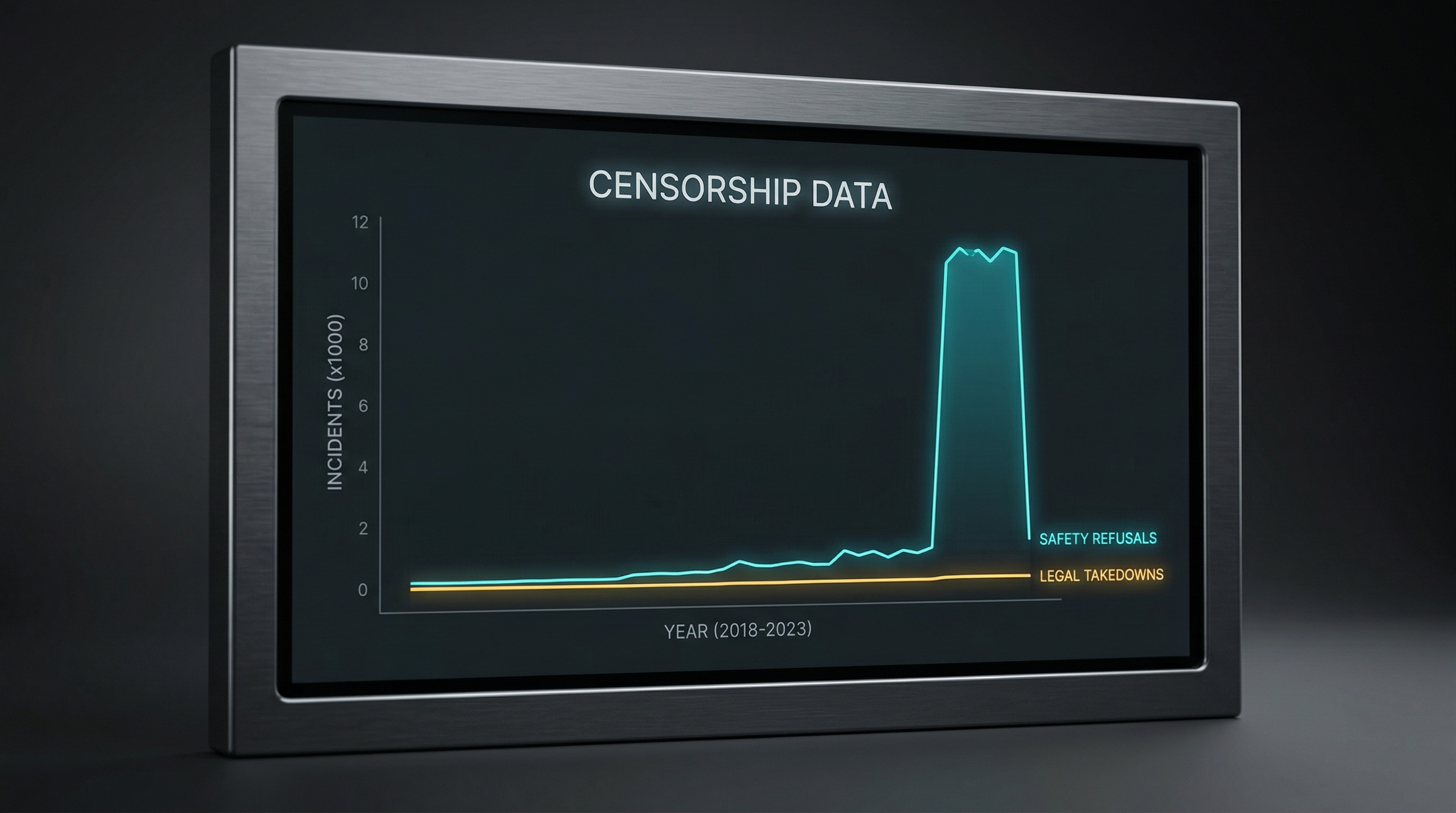 Dark mode data chart showing SeeDance 2.0 safety refusal rates. Rationale: Visualizing the gap between official legal takedowns and automated UI safety refusals instantly validates the 'It's Not a Bug' claim.