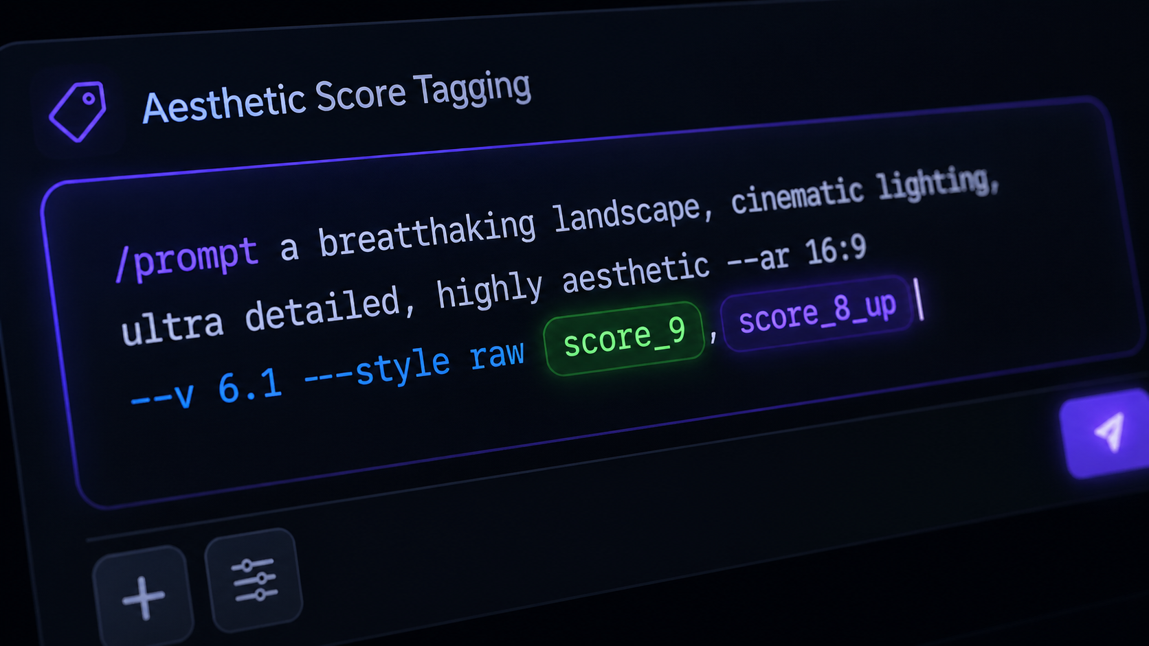 A macro UI shot showing pony diffusion score tags used for prompting precise aesthetic weights and flawless anatomy. [UI/UX Technical Shot] 16:9 wide-frame. Extreme close-up of a dark-mode prompt input box highlighting aesthetic score tags like 'score_9' and 'score_8_up' in glowing syntax-highlighted text. Typography Label: "Aesthetic Score Tagging"