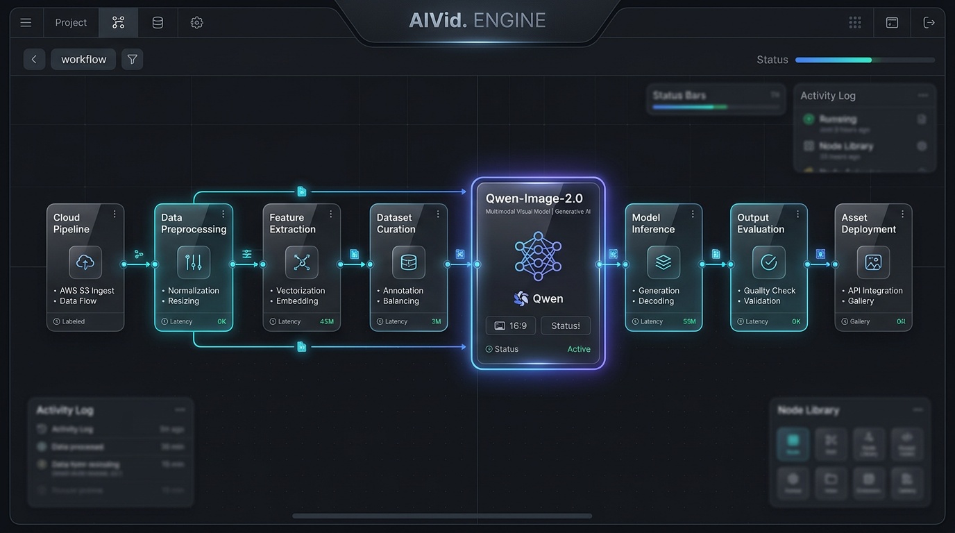 Workflow diagram showing the AIVid cloud architecture deploying Qwen-Image-2.0 without a GPU.