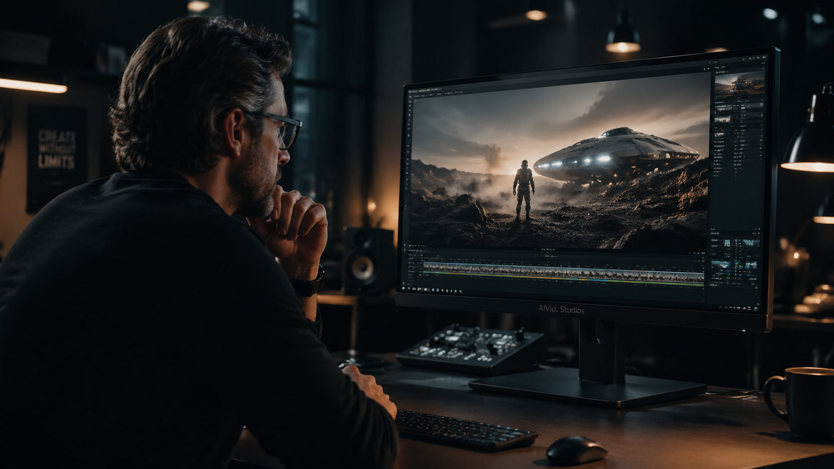 A creative director working in a high-end studio scaling video production using multi-model cloud access instead of a local PC. Cinematic, wide-angle shot of a professional creative director working in a dimly lit studio, observing a high-fidelity video rendering rapidly on a sleek 4K monitor. Focus on the concentration and modern hardware environment, moody lighting. "AIVid. Studios" watermark on the monitor bezel. 16:9.