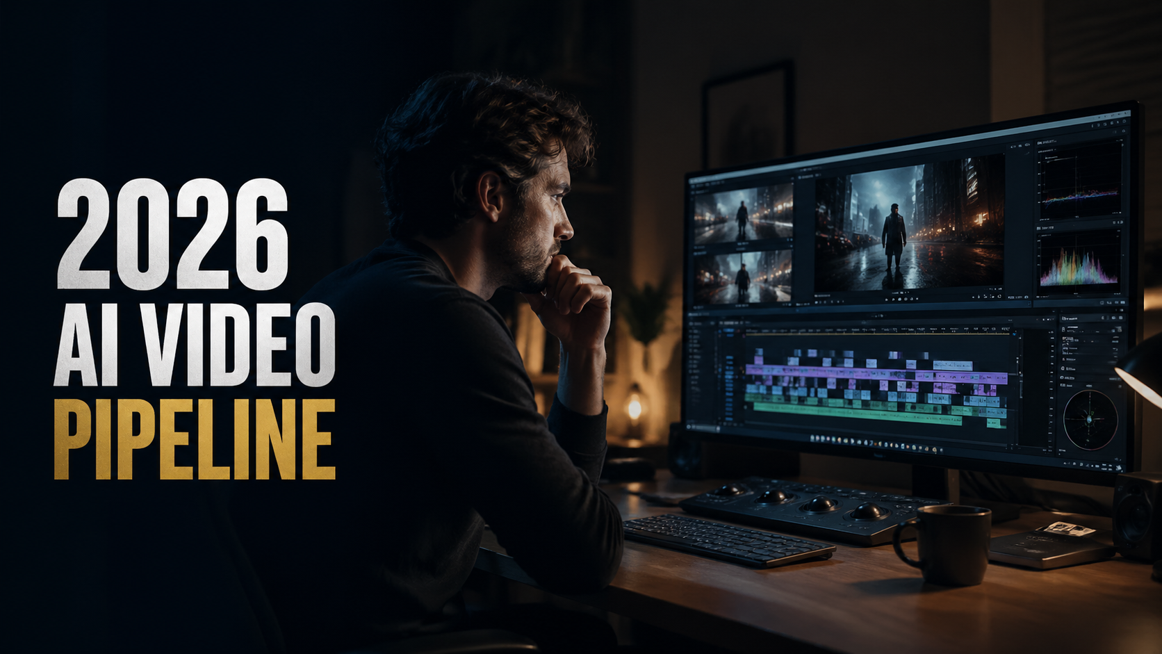 Professional video editor in a post-Sora studio environment working on high-fidelity AI video generation.