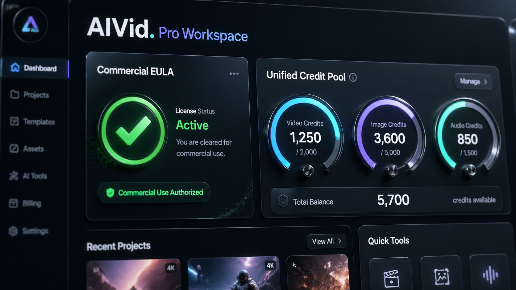 AIVid platform UI displaying commercial EULA verification and unified credit pool metrics for secure commercial assets. Macro shot of the premium AIVid. platform dashboard showing the 'Commercial EULA' green checkmark and 'Unified Credit Pool' dials. High-end glass textures, sleek mechanical dials for motion control.