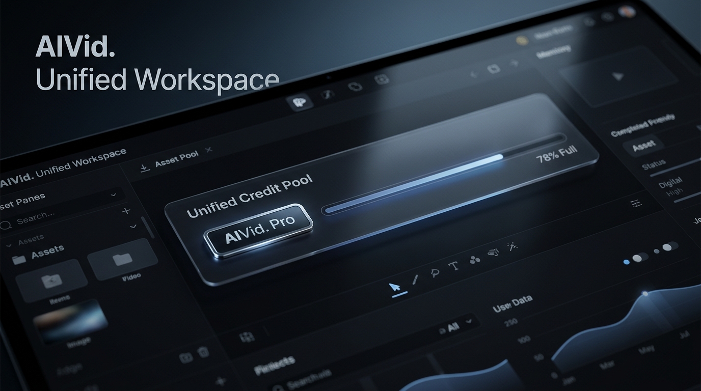 Angled macro shot of the AIVid software interface highlighting the Unified Credit Pool module.