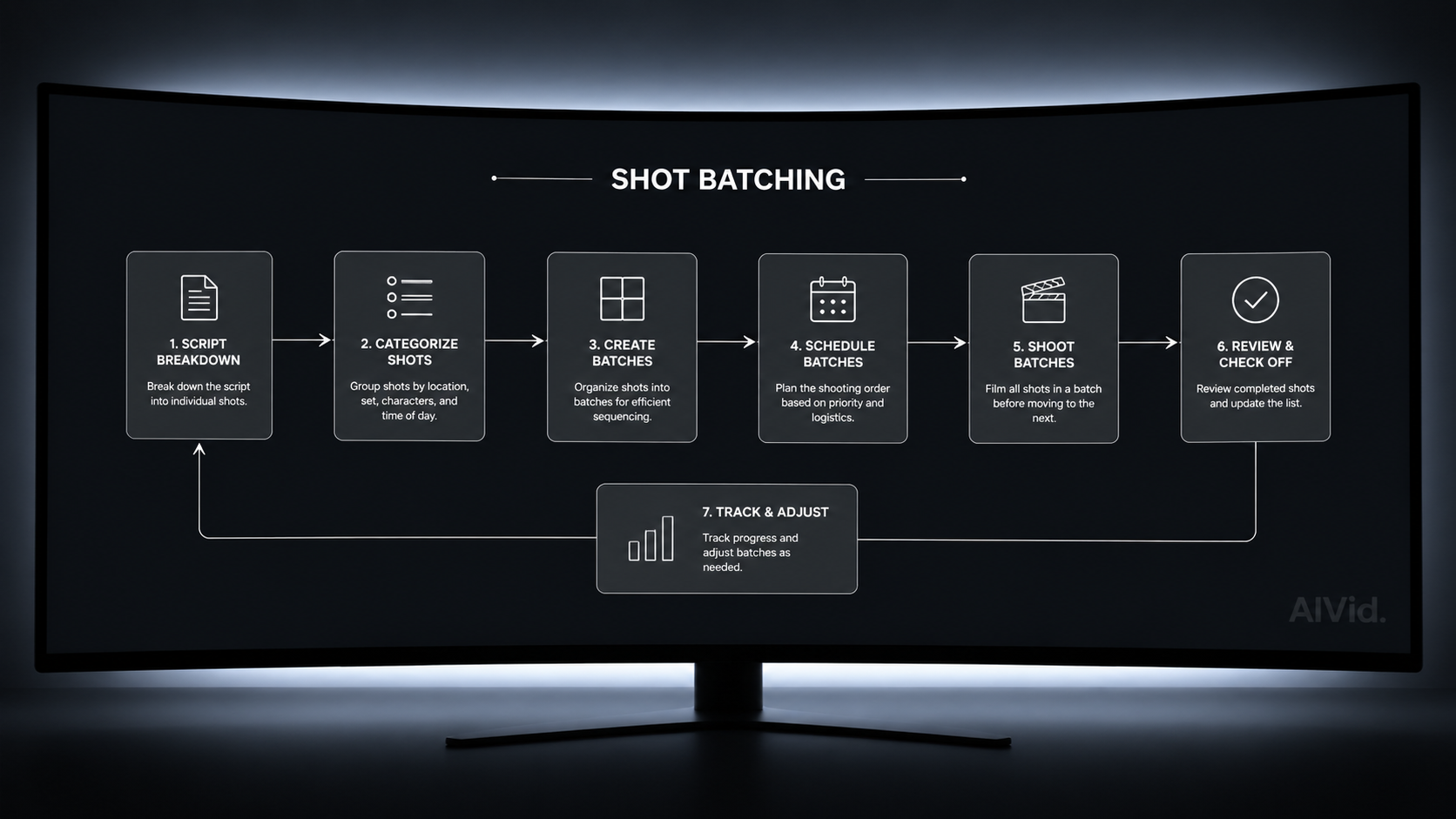 A node-based diagram explaining the shot batching workflow to lock initial noise seeds and prevent identity drift. A 16:9 ultra-clean, minimalist node-based diagram displayed on a curved studio monitor, mapping out a 'Shot Batching' sequence. White geometric lines connecting gray nodes on a deep charcoal background. Ambient backlight glow. Subtle 'AIVid.' watermark.