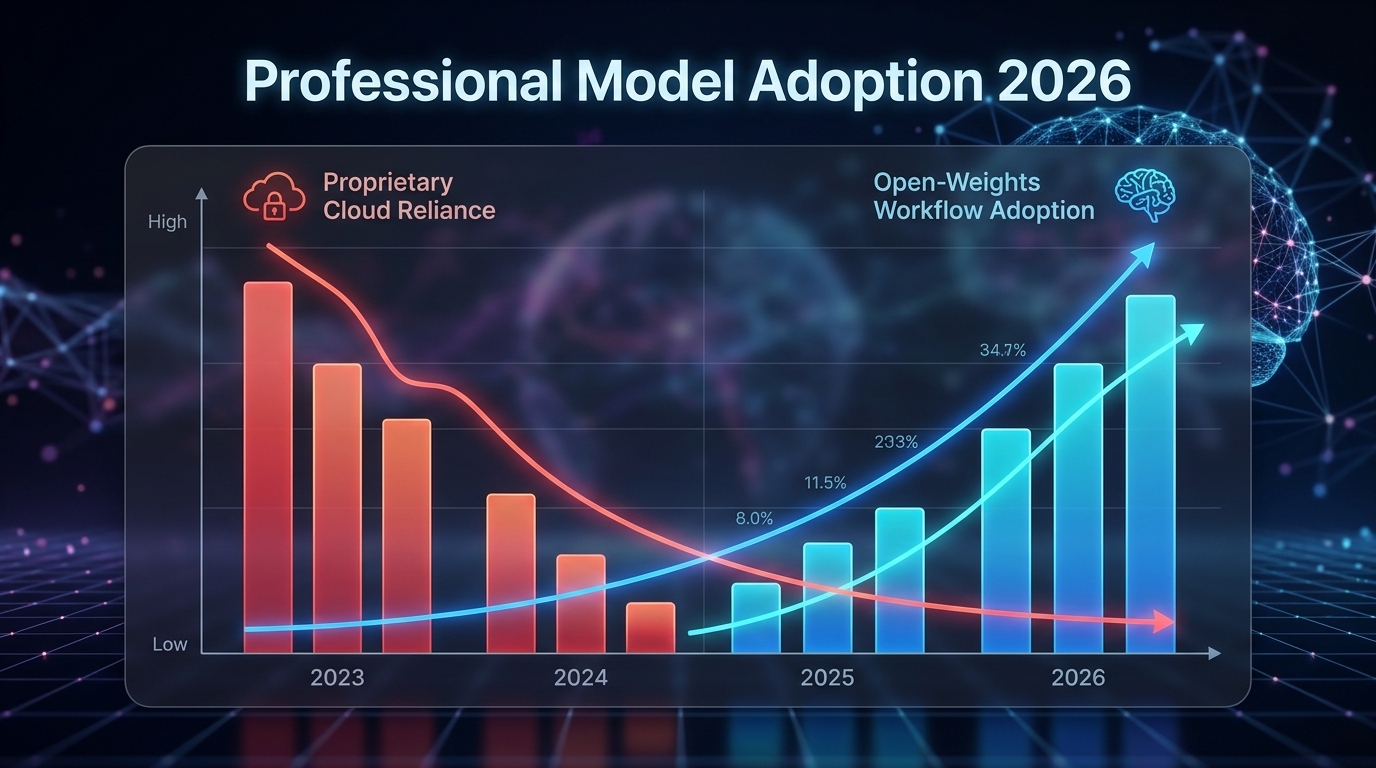 Data chart showing the rapid professional shift from closed-source AI to open-weights models in April 2026.