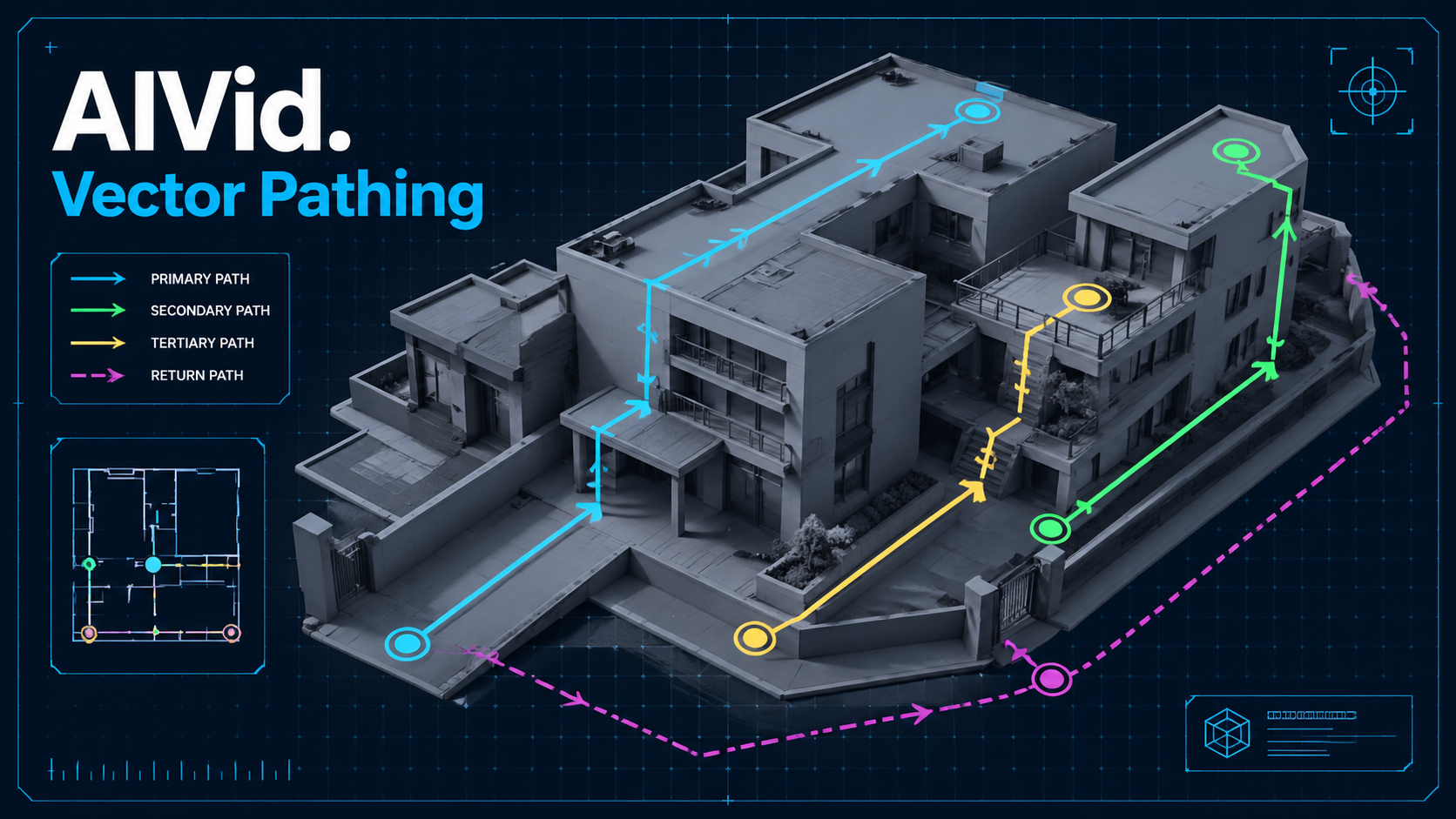 Workflow diagram illustrating DensePose-R2 optical flow estimation and directional vector arrows for regional motion brush AI. [Workflow Diagram] Technical vector map layered over a static gray 3D model. Bright geometric arrows indicate kinetic directionality across specific pixel regions. High-contrast, blueprint style. Typography: 'AIVid. Vector Pathing'.