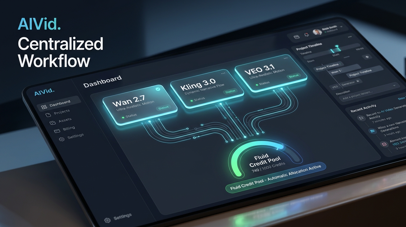 AIVid platform dashboard showing seamless access to Wan 2.7, Kling 3.0, and VEO 3.1 under one unified subscription.