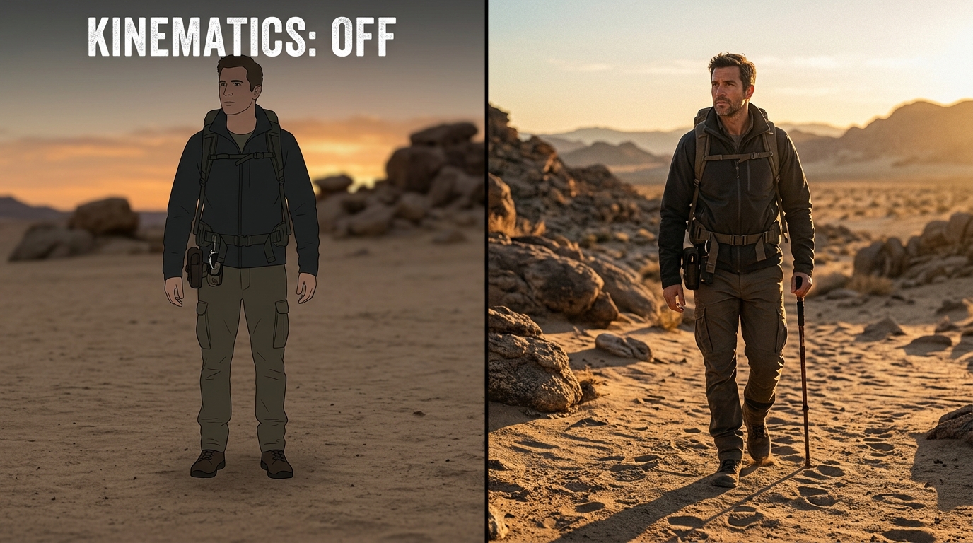 Before and after split screen demonstrating the difference between flat motion and physics-aware AI kinematics with realistic shadows and cloth physics.