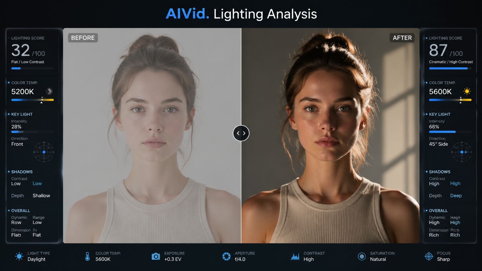 Split comparison showing vague AI video lighting prompts versus precise 5600K color temperature and global illumination ratios. [Before/After Split] A split frame demonstrating lighting physics. Left side: flat, washed-out subject. Right side: rich 5600K daylight with defined cinematic shadows and edge lighting. UI interface overlay. Typography: 'AIVid. Lighting Analysis'.