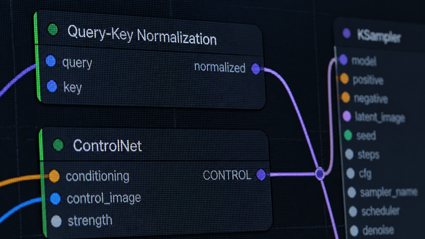 AIVid. MMDiT-X Node Routing - [UI/UX Technical Shot] Extreme close-up of a dark-mode node-based editing software interface, showing 'Query-Key Normalization' and 'ControlNet' routing paths. High-end monitor pixel texture visible.