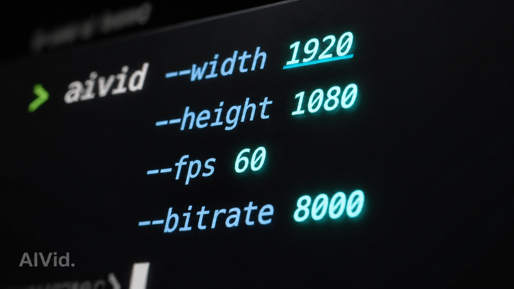 Macro shot of a command-line interface displaying precise parameter syntax and double-hyphen modifiers. [UI/UX Technical Shot] Extreme macro shot of a sleek command-line interface. Focus on the double-hyphen syntax and integer values glowing slightly against a matte dark background. Sharp depth of field. AIVid. watermark included.