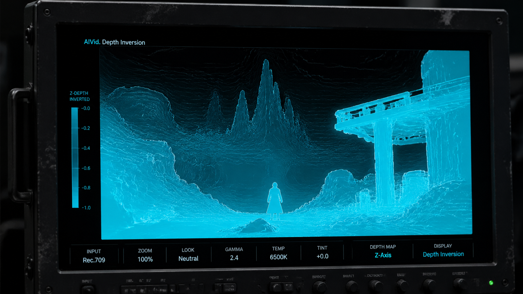 Macro shot of a professional monitor displaying a Z-axis depth map for depth-aware inversion in AI video production. [UI/UX Technical Shot] Macro photography of a professional color-grading monitor displaying a 3D Z-axis depth map of a cinematic scene. Crisp topography lines, neon cyan and deep black contrast. Smudges on the monitor bezel for realism. 'AIVid. Depth Inversion' printed on the UI overlay.